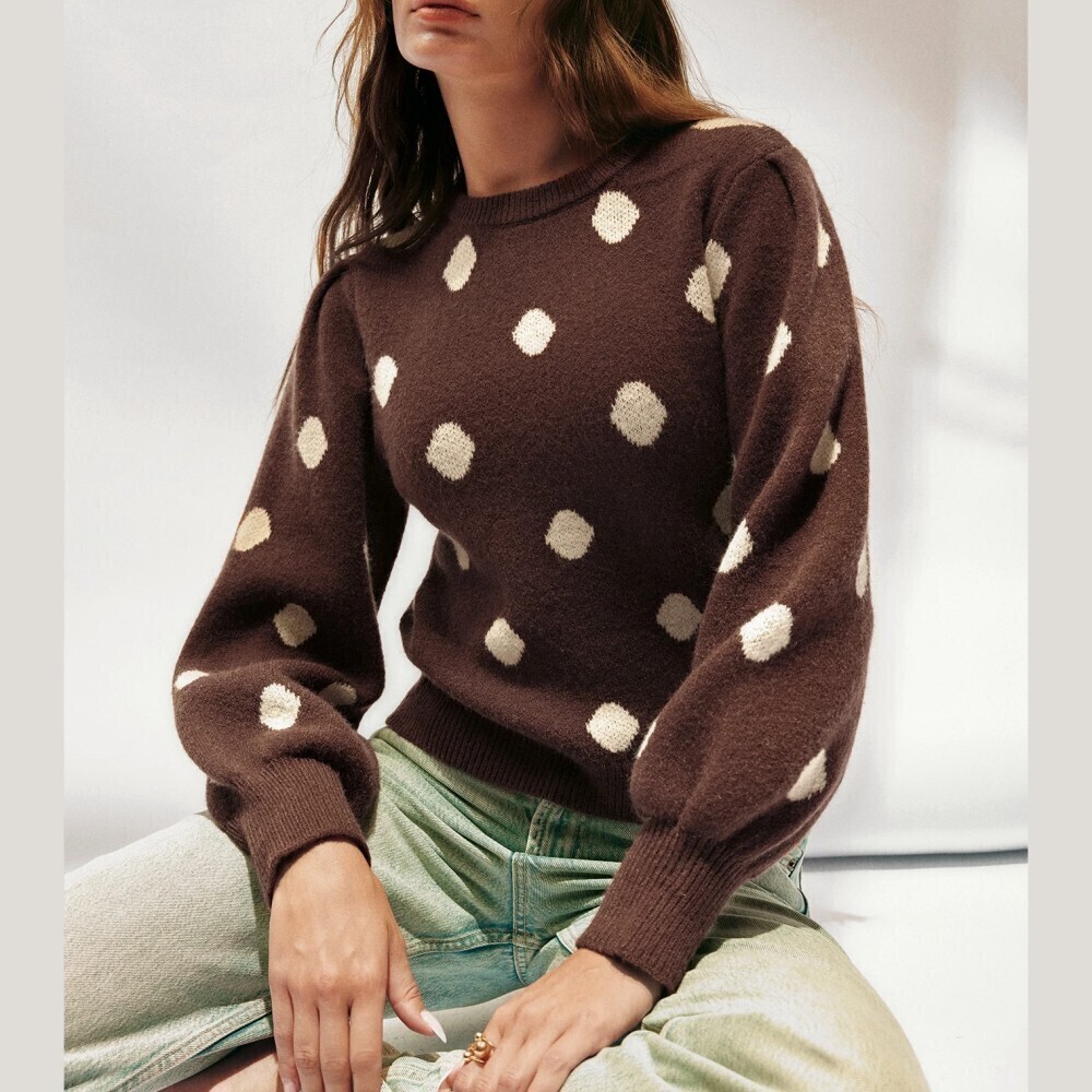 Brown Polka Dot Knit Sweater with Puff Sleeves and Round Neck